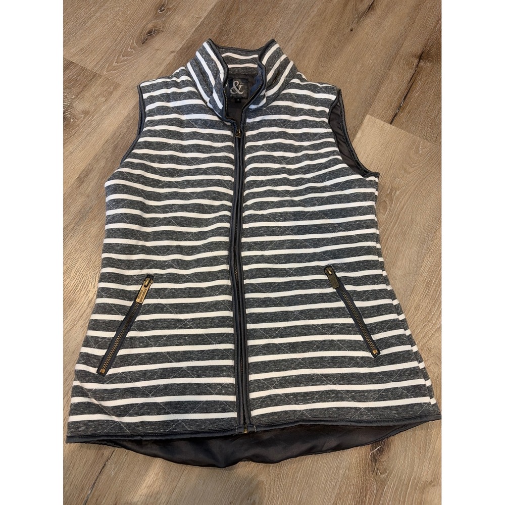 Ampersand Avenue Womens Quilted Vest Grey White Striped Full Zip Small